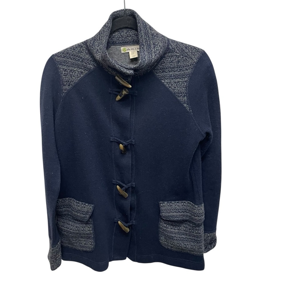 Dakini women’s wool blend sweater jacket toggle front navy blue medium